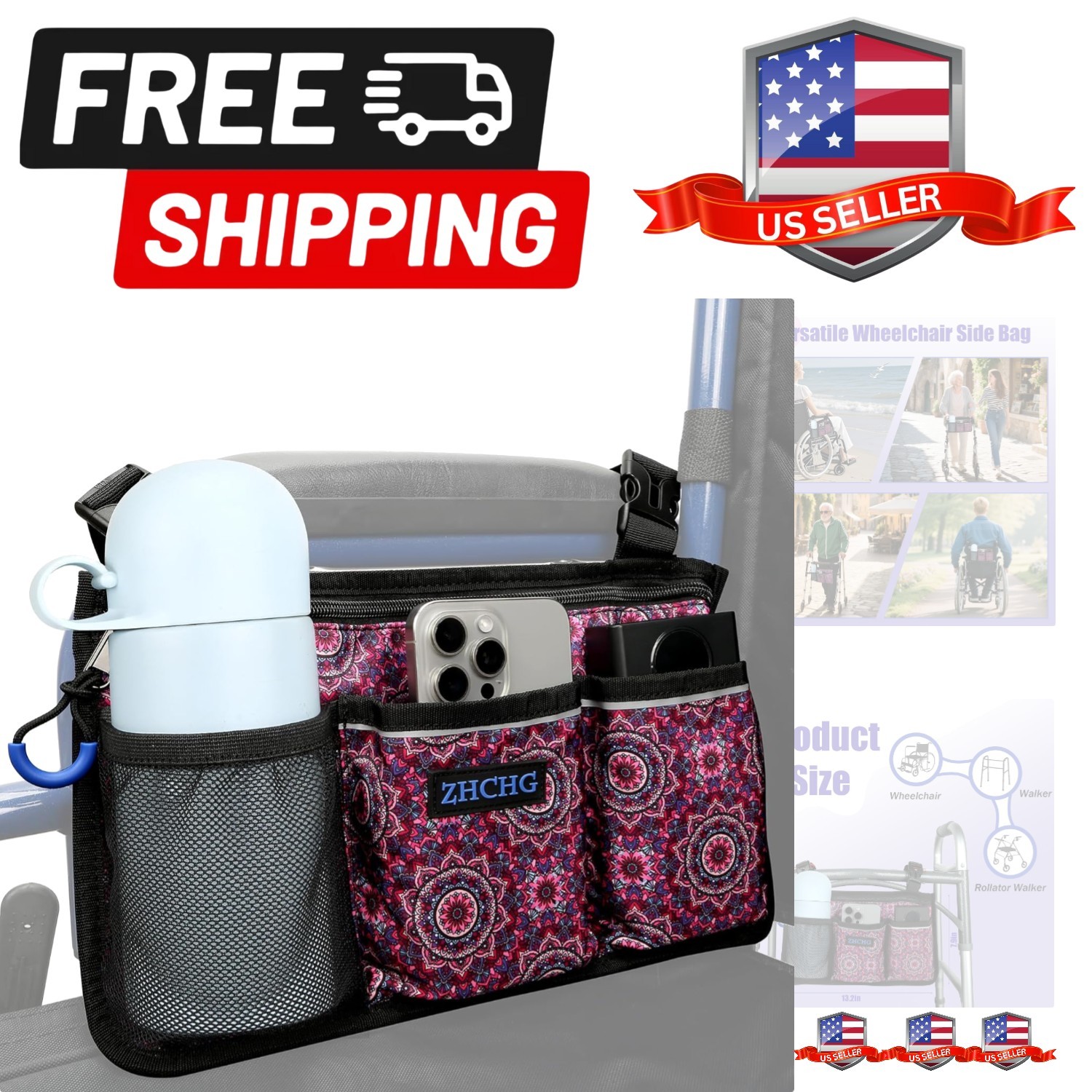 Wheelchair Side Bag, Wheelchair Armrest Pouch Accessories with Cup Holder, St...