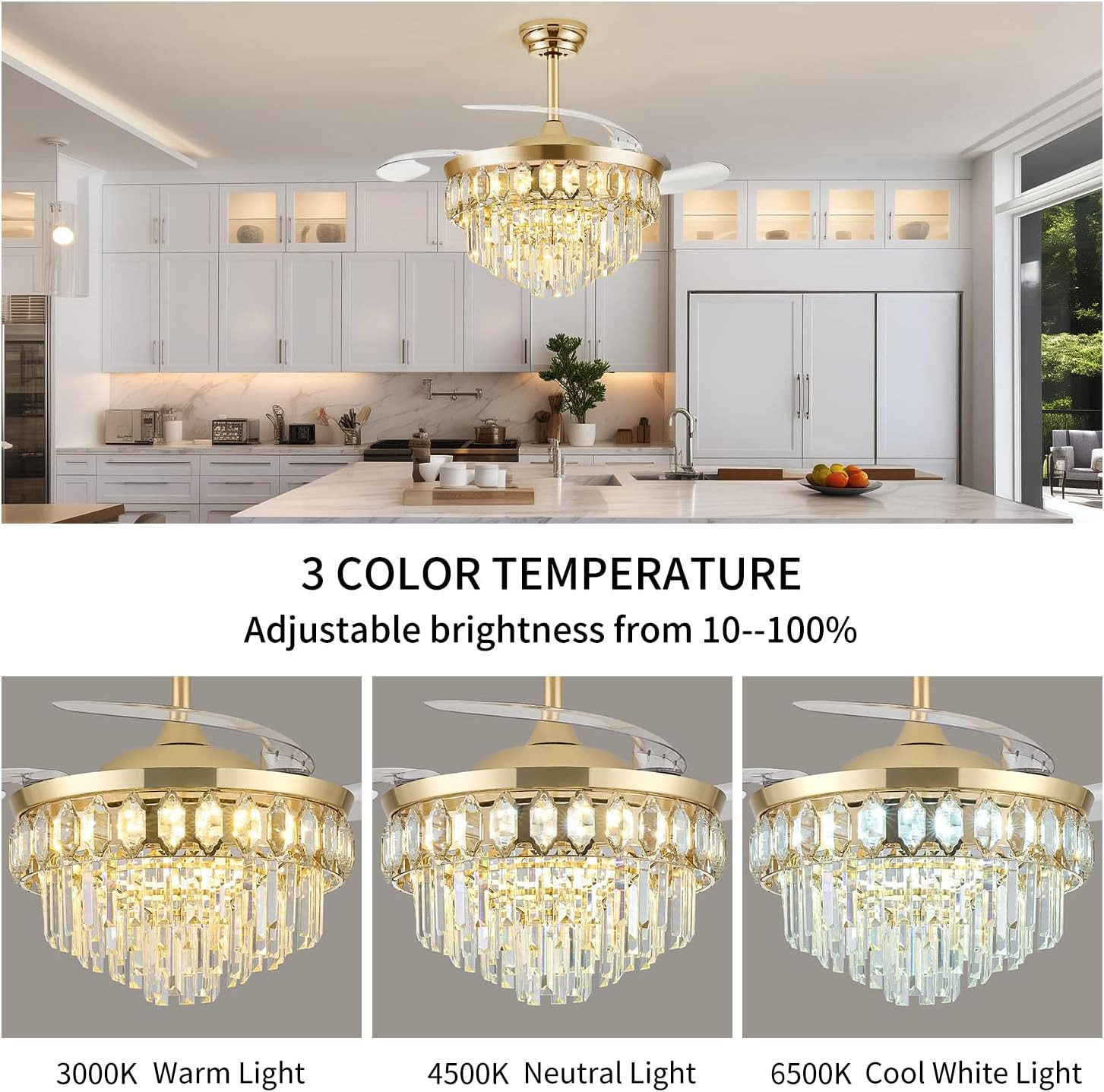 Gold 42" Retractable Ceiling Fan with LED Light & 6 Speed Settings