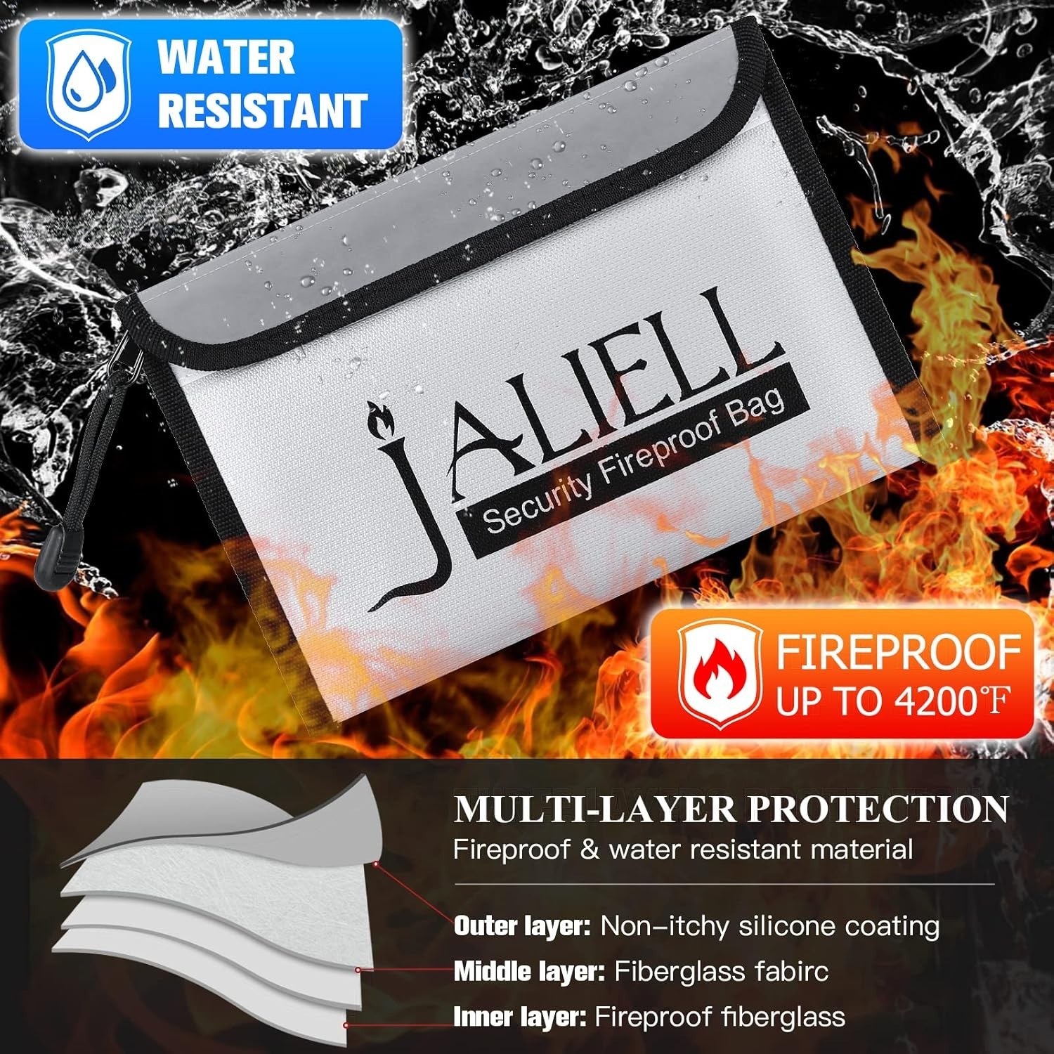 2 Pack Fireproof Money Bags 9.5x6.5", Waterproof Zipper Bag for Cash & Valuables