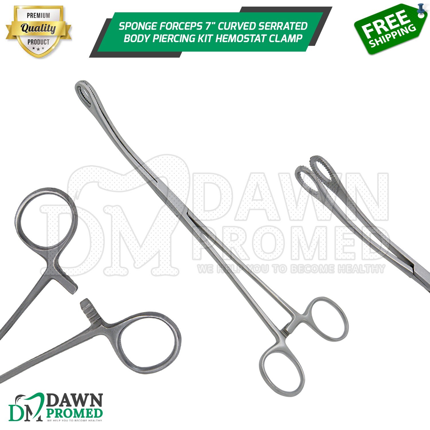 Sponge Forceps 7" Curved Serrated Body Piercing Kit Hemostat Clamp German Grade