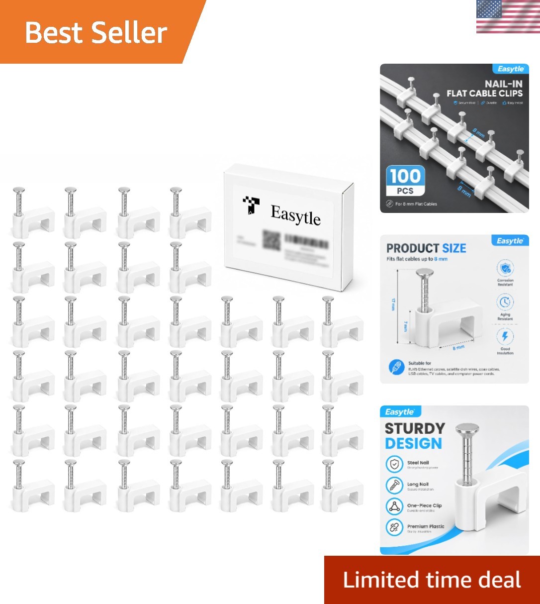 100 Pcs 8mm Nail-In Cable Clips -  Clips for Neat Cable Management
