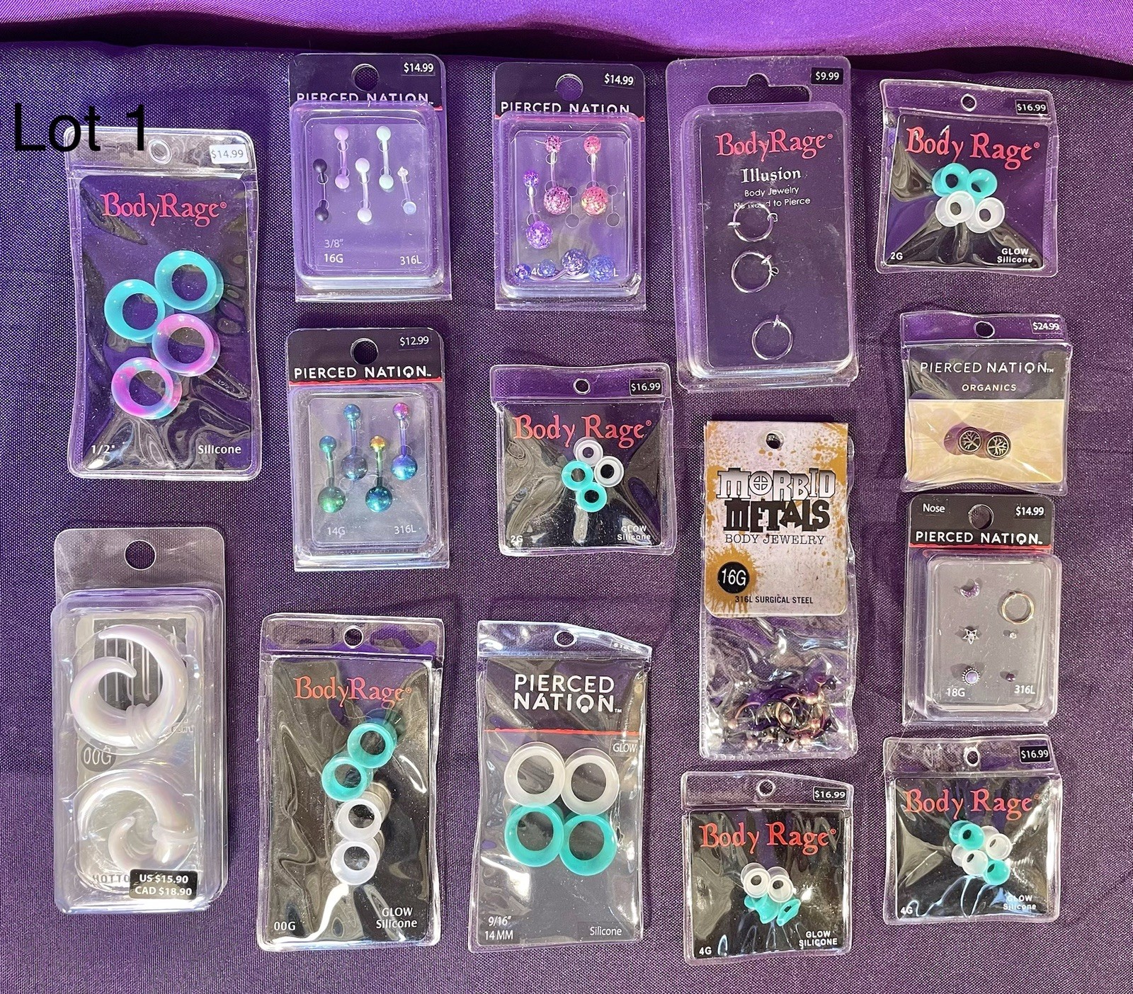 Body Rage Piercing Ear Jewelry Mix Lot Of 15 Wholesale New Retail Packaging