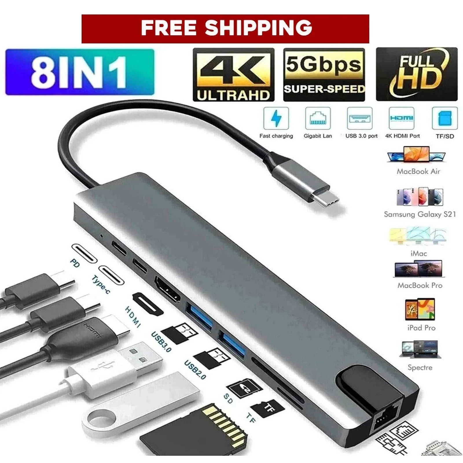 8 in 1 USB-C Hub Type C To USB 3.0 4K HDMI PD Adapter For iPhone Macbook Pro-Air
