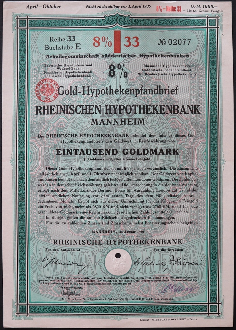 1000 Goldmark 1930 - Series: 02077 - MANNHEIM-RHEINISCHEN BANK Loan Bond - "Y134