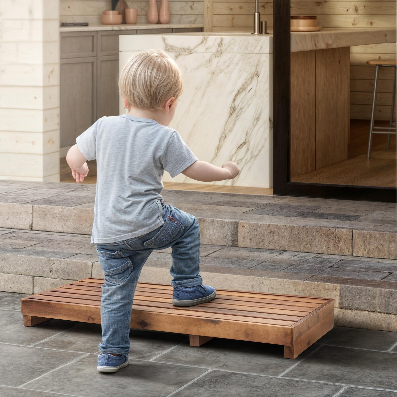 Step Stool for Elderly (35" Length) - Acacia Wood High Step Stool with Non-Sl
