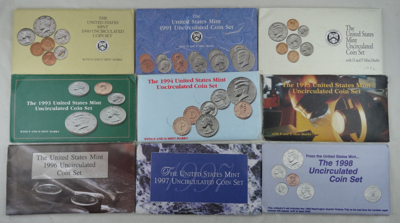 1990-1998 Lot of 9 US Mint Sets 90 Coins OGP Original Envelope COA Uncirculated