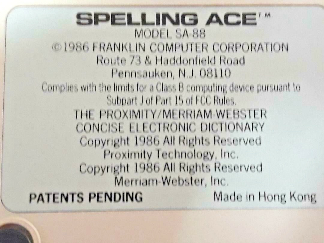 Vintage 1986 Franklin Computer Spelling Ace Model SA-88 Manual & Box TESTED