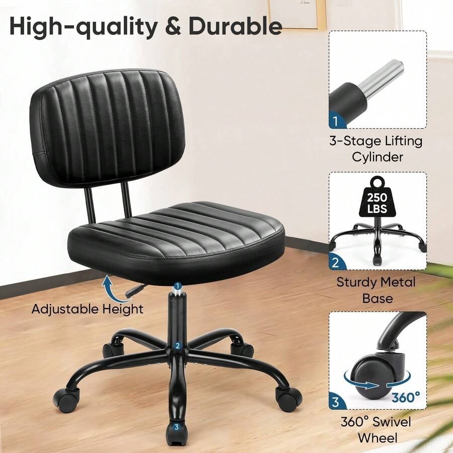 OLIXIS Black Armless PU Leather Office Chair with Wheels Lumbar Support