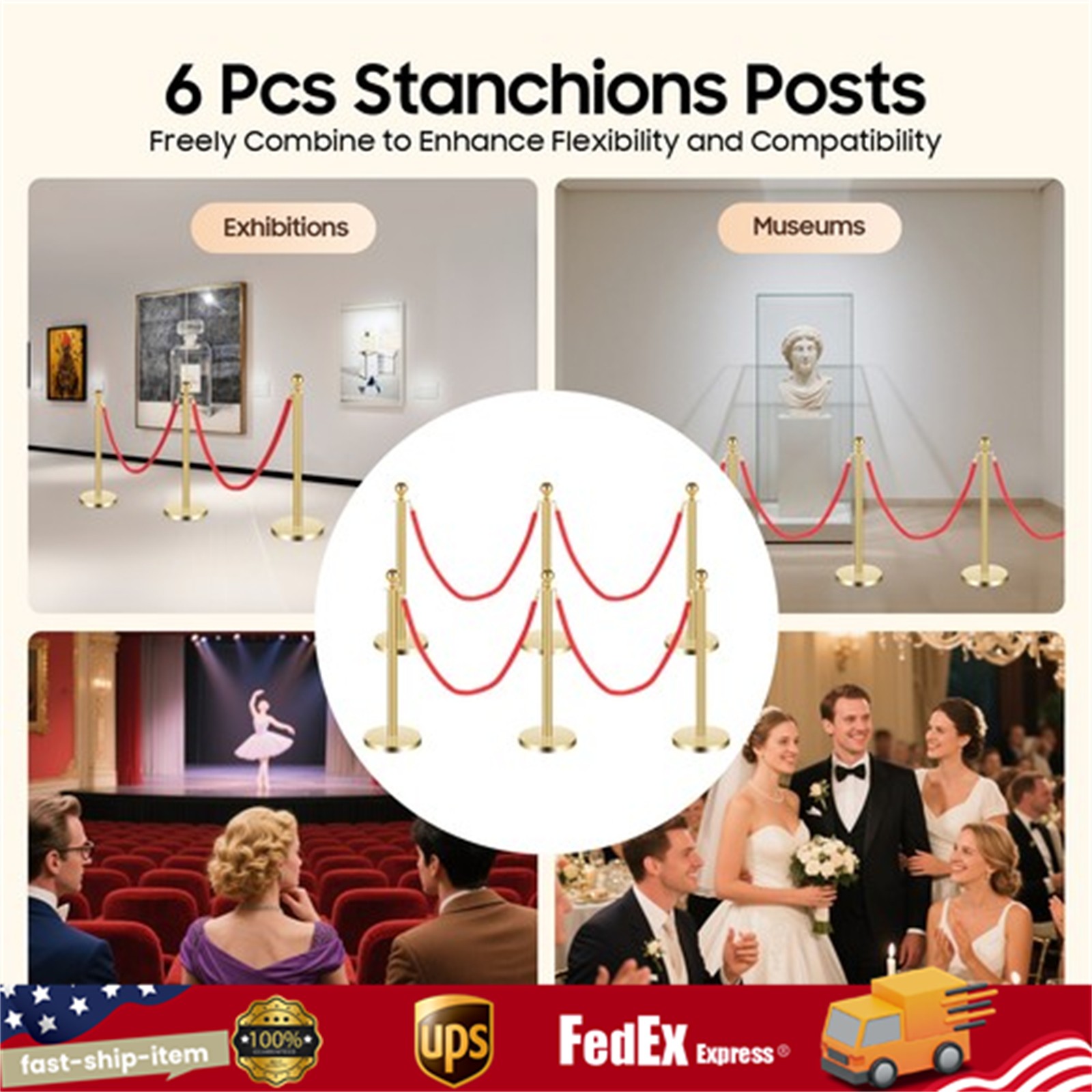 6 Pcs Red Velvet Rope +Gold Stanchion Post Set Crowd Control Queue Pole Barrier