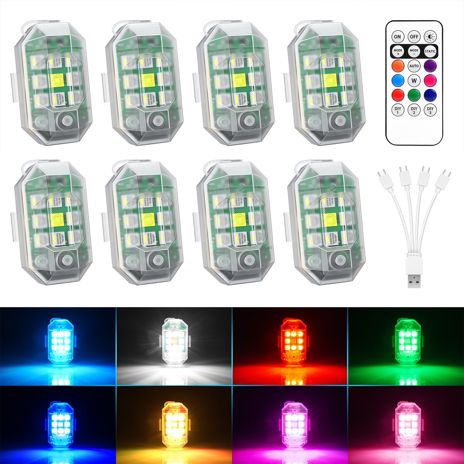 8PCS Wireless LED Strobe Lights w/Remote Control Waterproof Anti-Collision Lamp