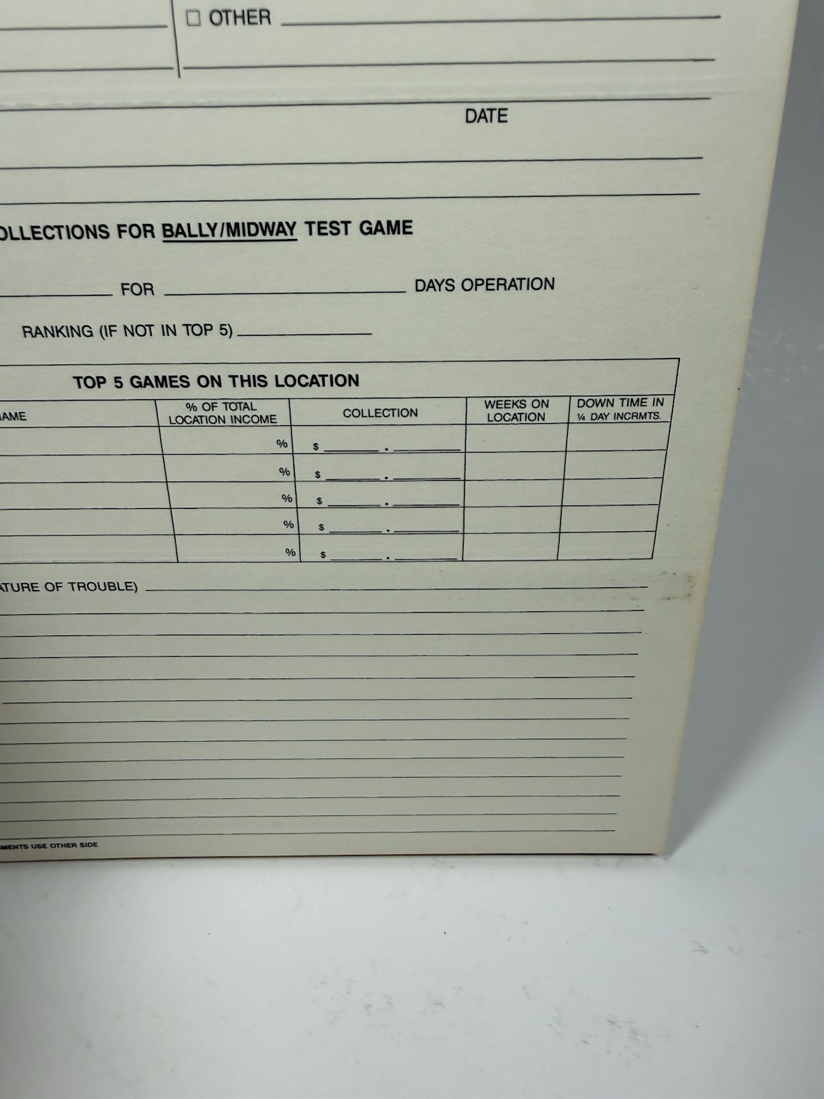 Vintage BALLY/MIDWAY Master Test Report Pinball