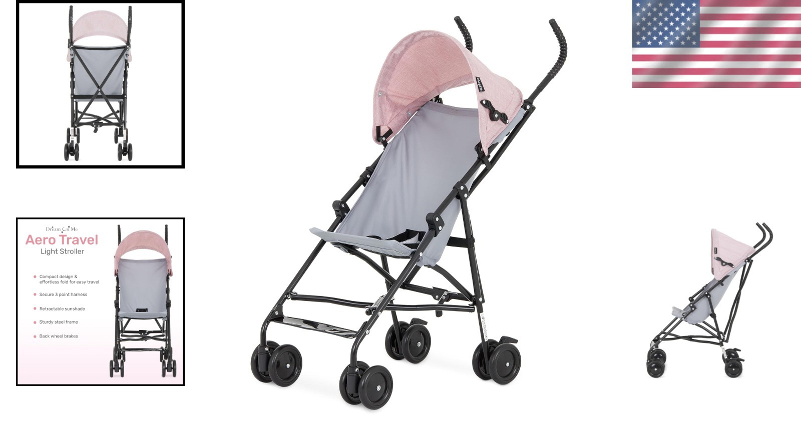 Compact Pink Stroller, 1-Hand Fold | 3-Point Safety Harness