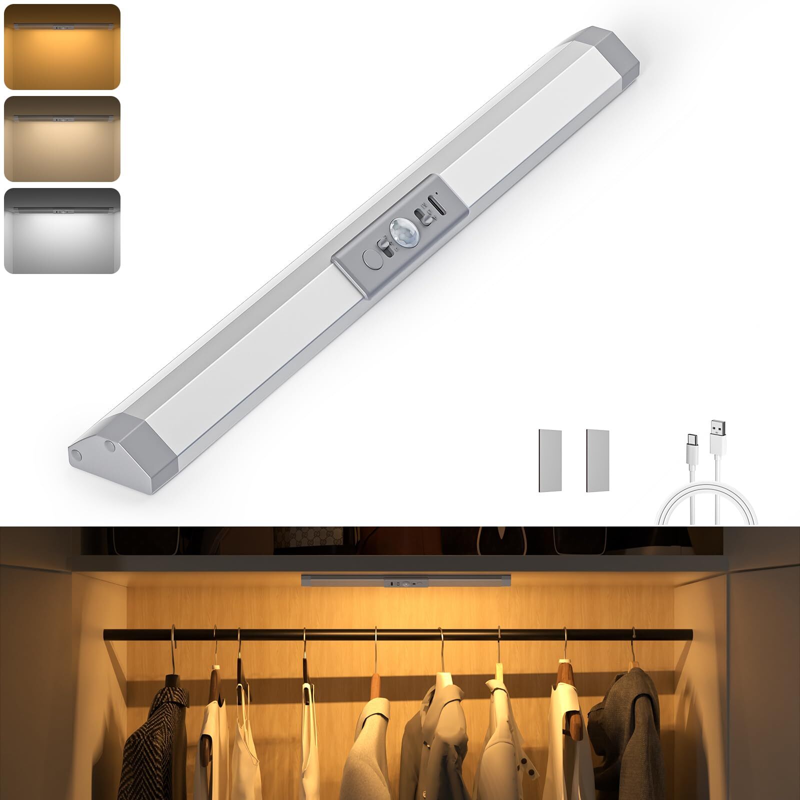 Closet Lights Motion Sensor with 3 ColorRechargeable Closet Light with Eye-Pr...