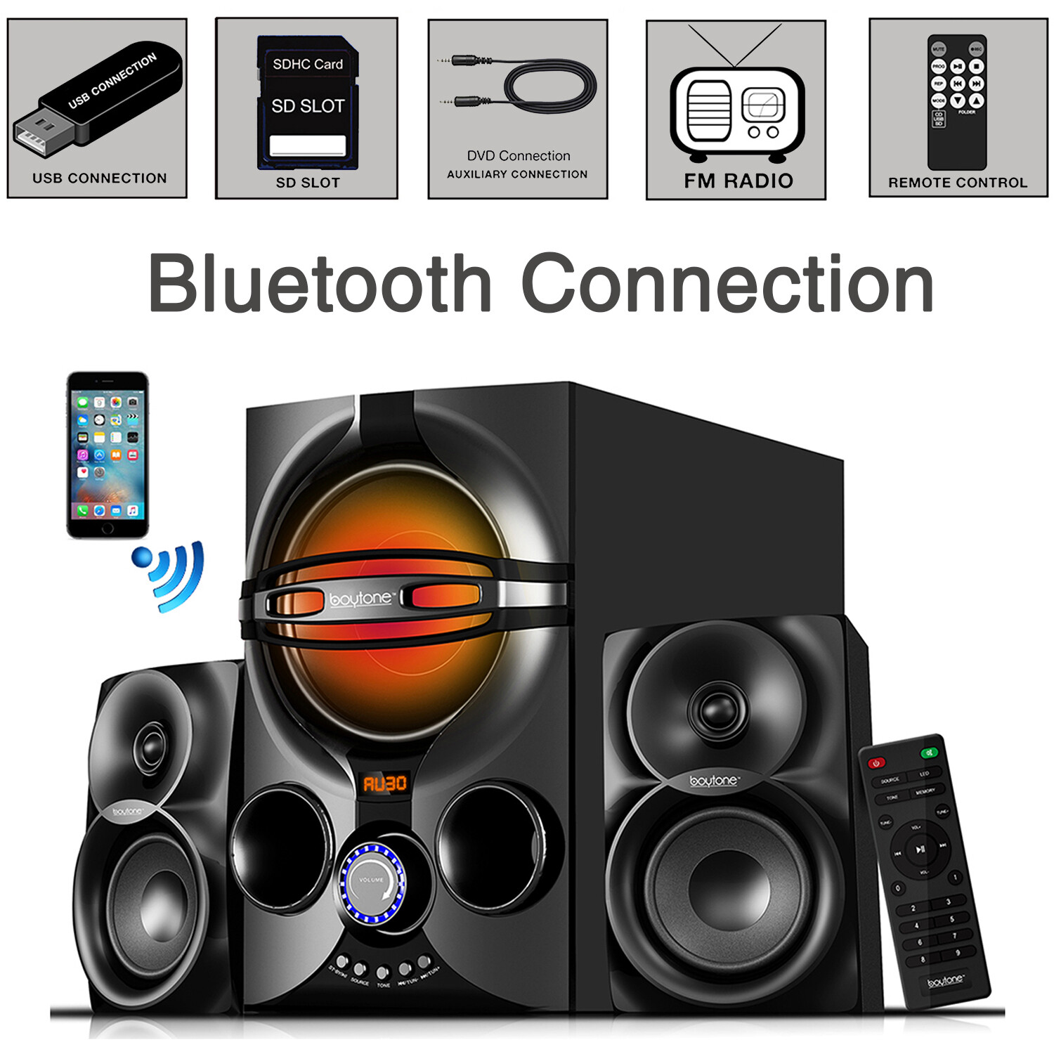 Boytone 2.1 Multimedia Bluetooth Speaker System, SD Slot, USB Port, FM, DJ Light