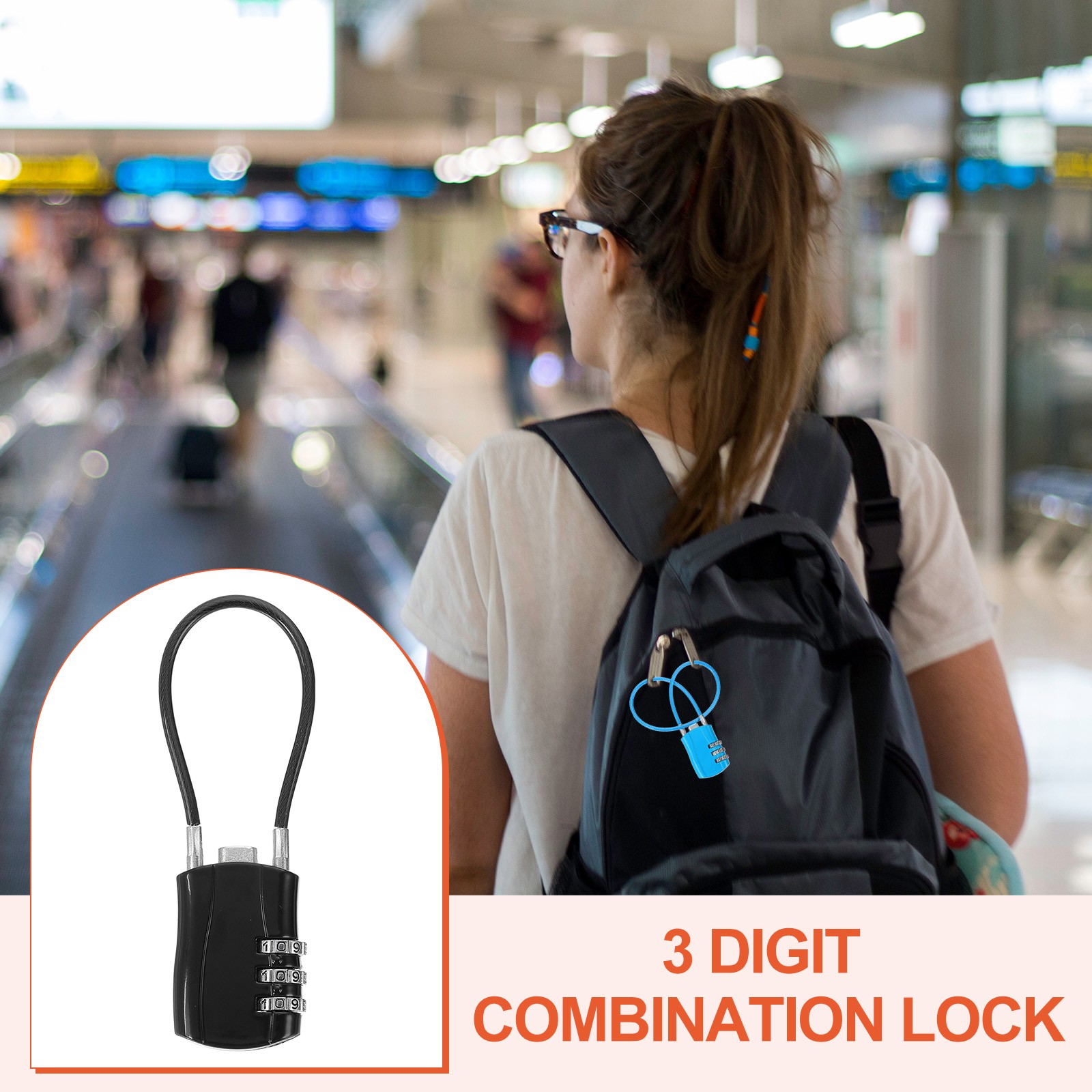 2 Pcs 3 Digit Luggage Cable Combination Lock with 5" Long Cable, Black
