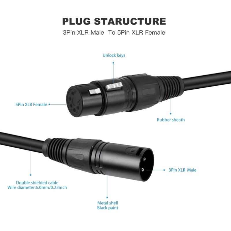 Music Interfaces Cable 3 Pin to 5 Pin for Microphones and DMX512 Controllers