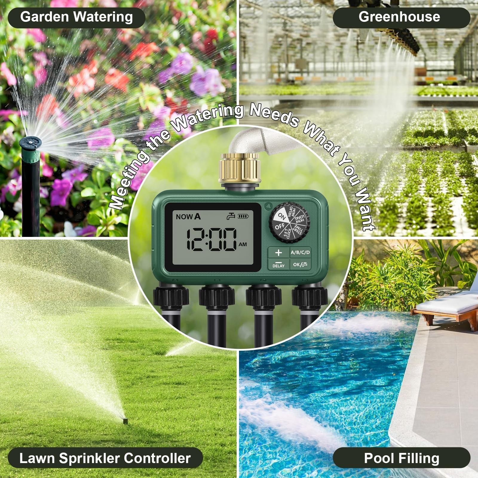 Water Timer with 4 Outlet for Garden Lawn– Programmable Irrigation Controller