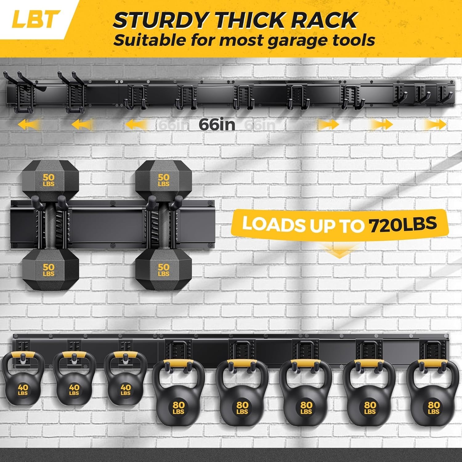 66" Garage Tool Organizer Wall Mount - 720lbs Garden Tool Organizer with Adju...