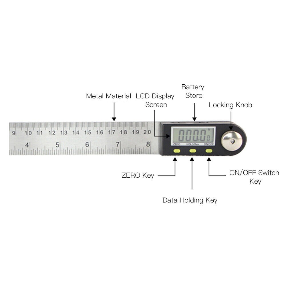 200mm 360° Stainless Steel Electronic Protractor Digital LCD Display Angle Ruler