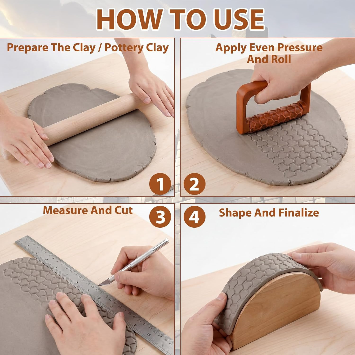 17 Pcs Clay Texture Roller Set with Handle, 8-Pattern 3D-Printed