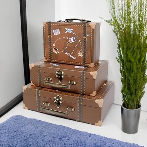 3 Vintage Decorative Suitcases Trunk Retro Wood Leather Antique Storage