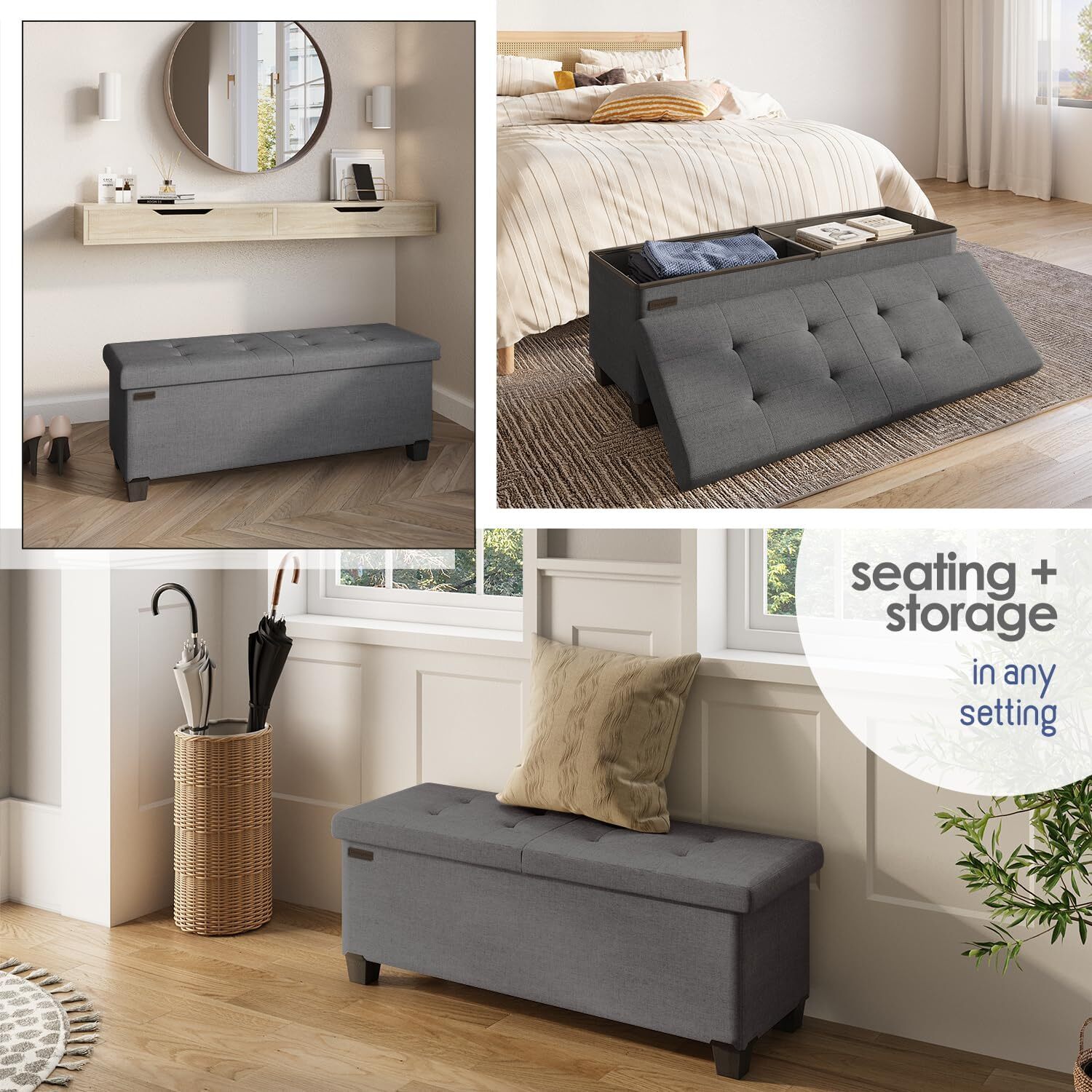 Storage Ottoman with Organizer, 43-Inch Bedroom End-of-Bed Storage Bench