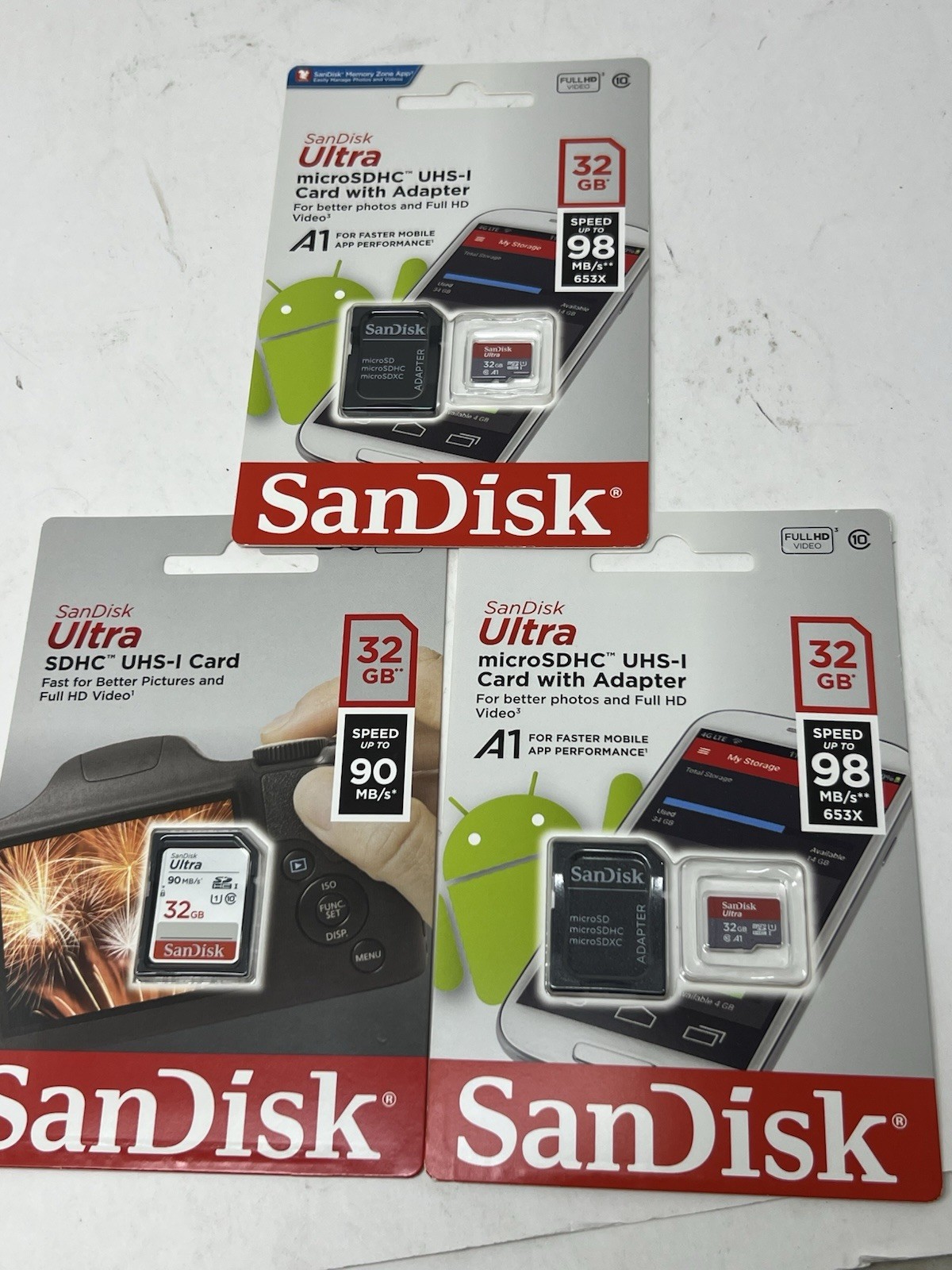 Lot 3 Sandisk SDSQUAR-032G-GN6MA Ultra 32GB Micro SDHC UHS-I Card with Adapter