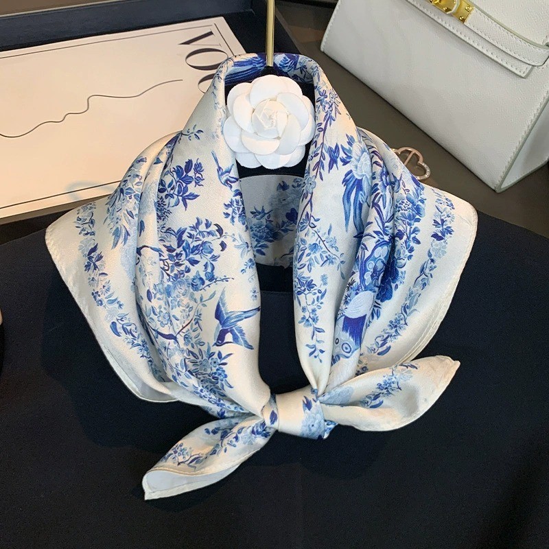 100% Silk Small Scarf Women Neckerchief Bandana White Blue Flowers Birds 53*53cm