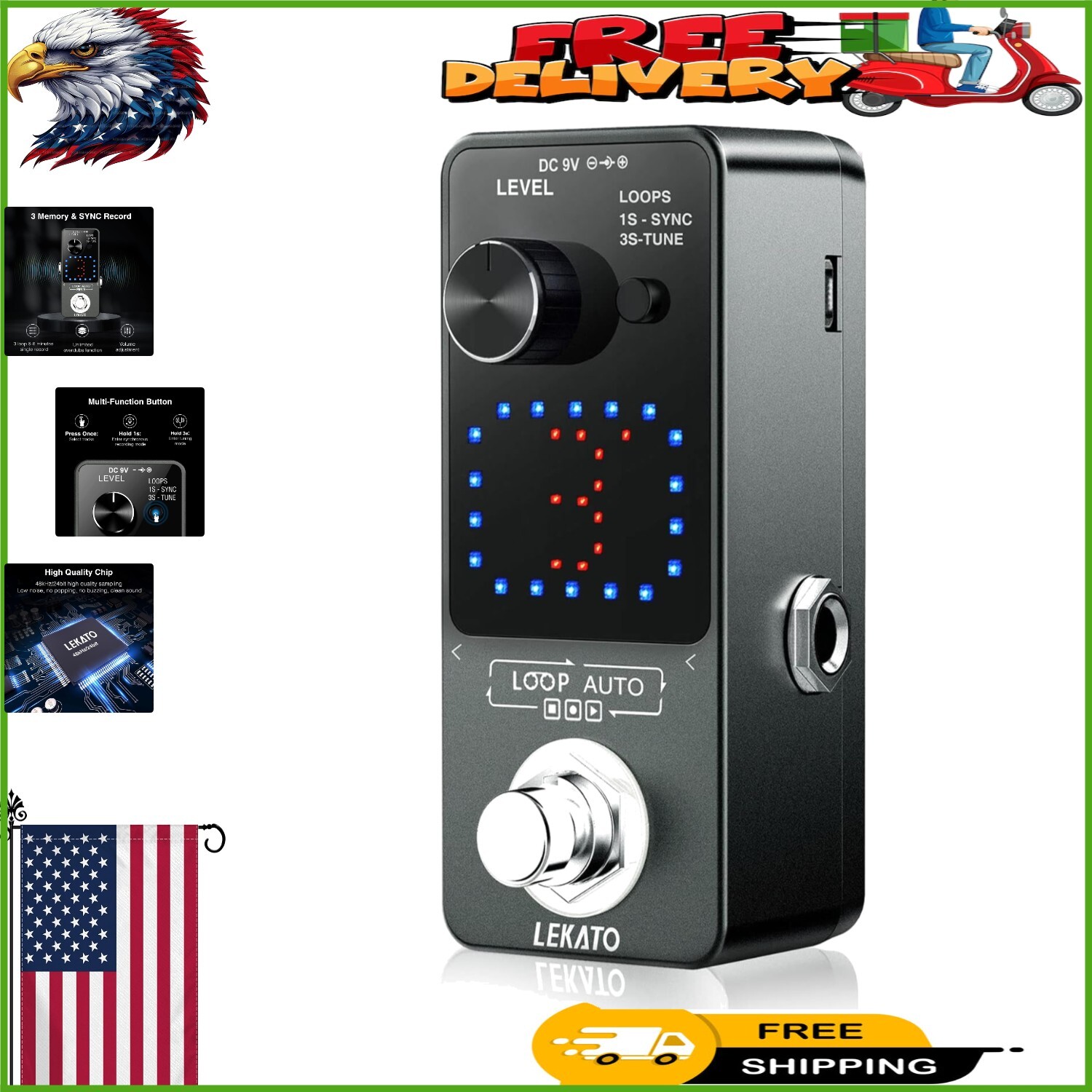 Compact Guitar Looper with Triple Loop & Unlimited Overdubs, Tuner Function
