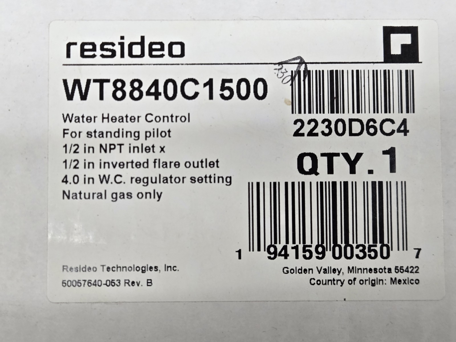 Honeywell WT8840C1500 Replacement Valve for Rheem Water Heaters
