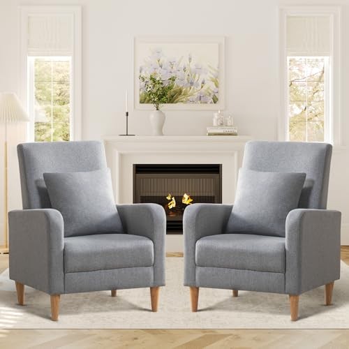 Accent Living Room Chairs Upholstered Arm Chair Set of 2 Light Grey Fabric