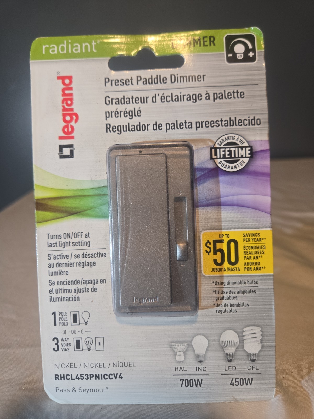 Legrand Radiant 450W Rocker Dimmer 3-Way/1-Pole in Nickel