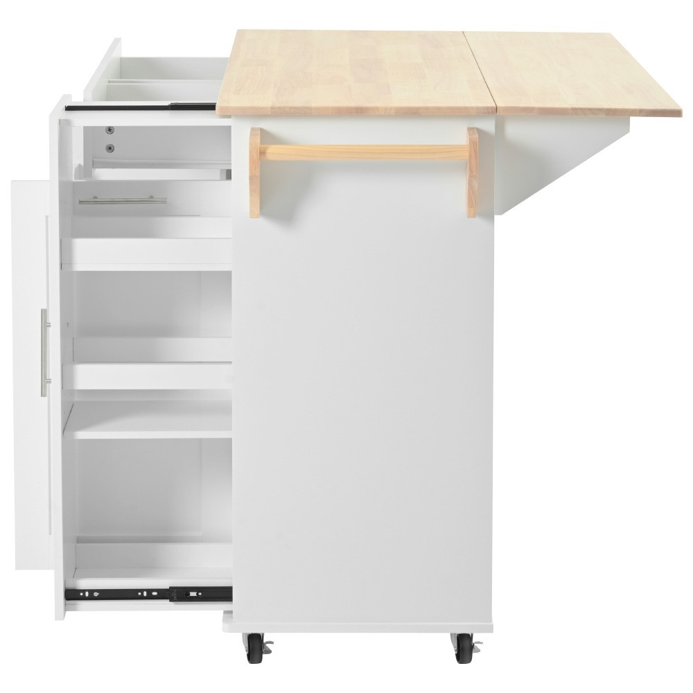 Kitchen Island with Drop Leaf with 3 Tier Pull Out Cabinet Organizer, White