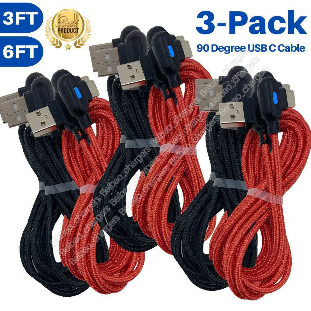 3 Pack 90 Degree Angle USB-C Data Charging Cable 3/6FT Type-C Fast Charger Cord