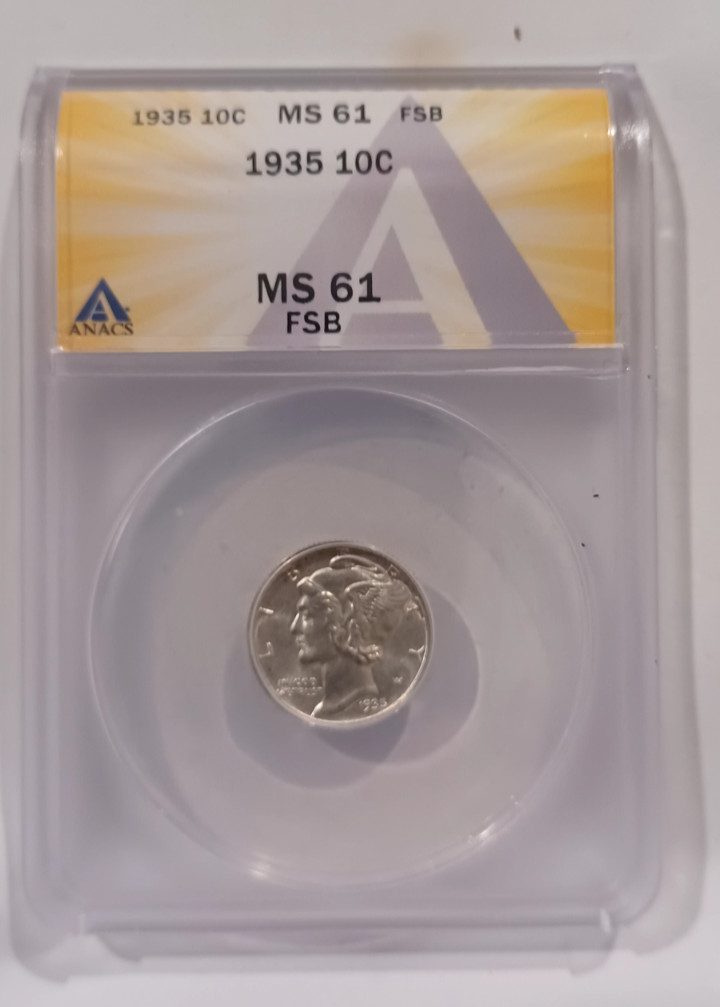 1935 Full Split Bands Mercury Silver Dime 10C ANACS MS 61 FSB - Nice Details -