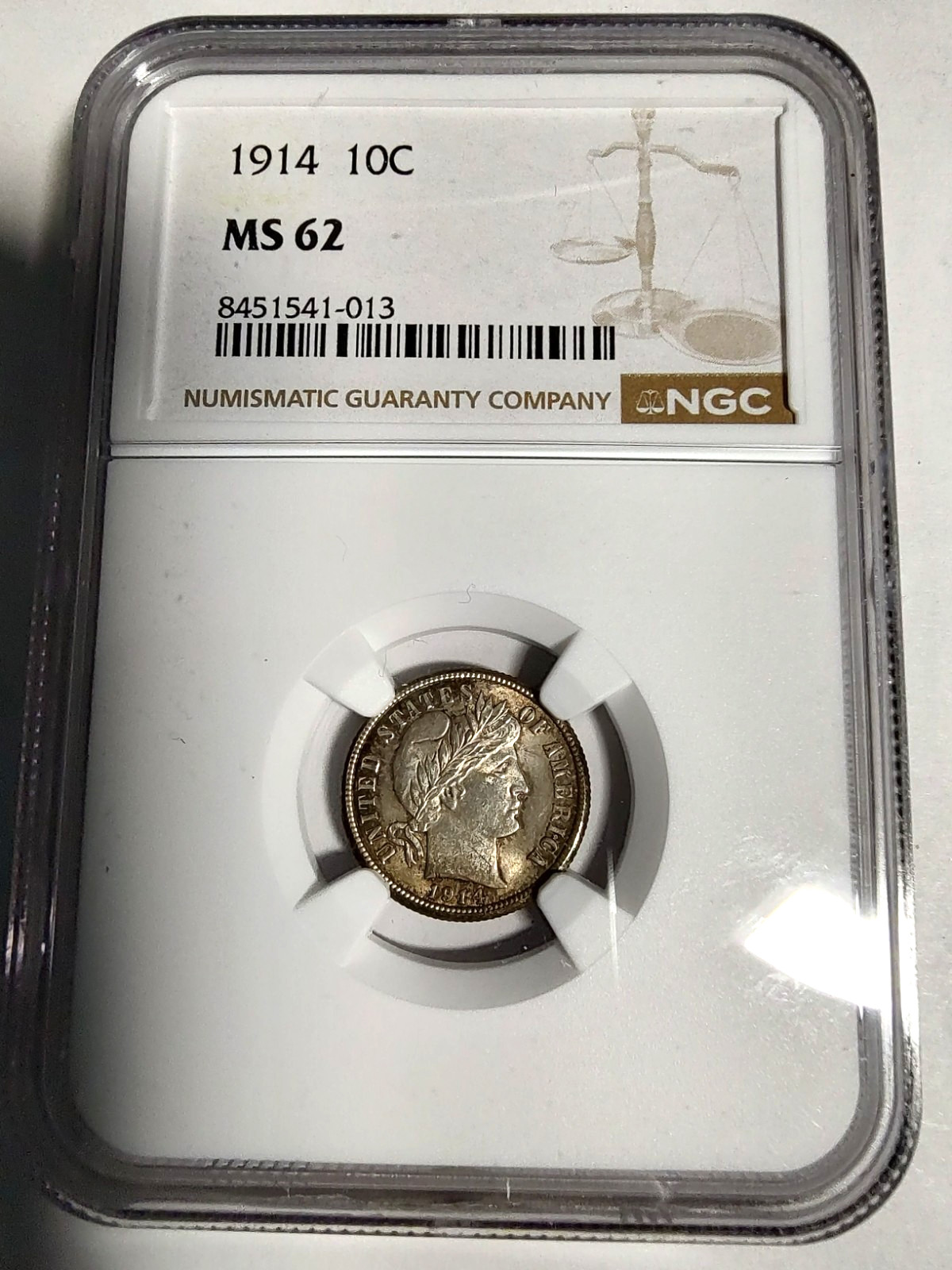 1914 Barber Silver Dime 90% 10C NGC MS 62
