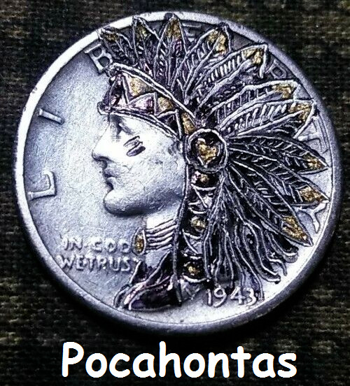 Mercury dime  hand carved by J&M Tarantula silver 90% Mercury dime as Pocahontas