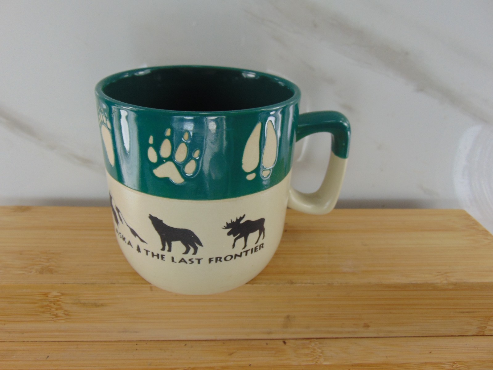 ALASKA GREEN Coffee Mug - Elk, Bison, Wolf, Bear Imprints & Paw, Hoofprints NEW