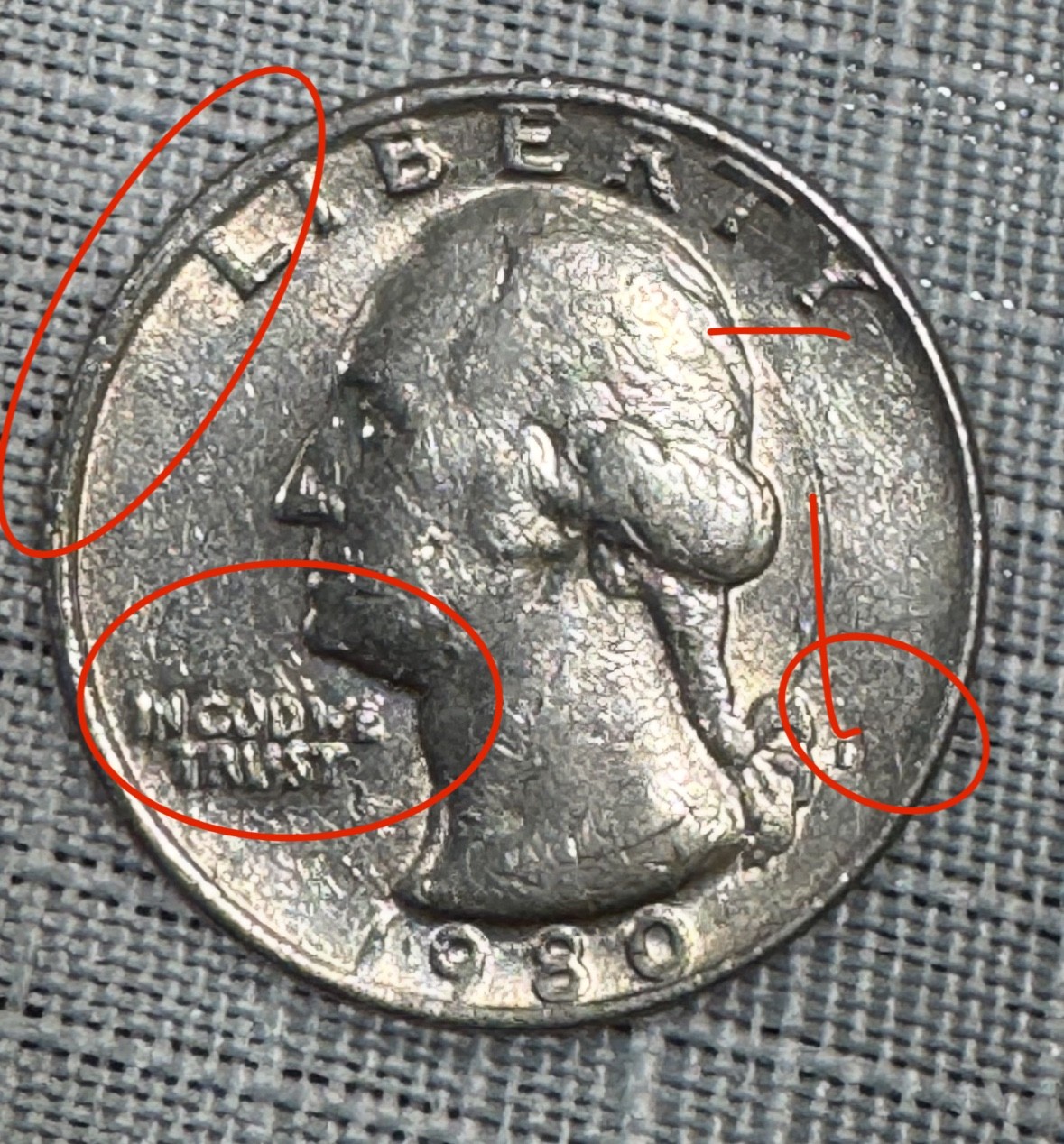 1980 QUARTER DOLLAR P FILLED MINT MARK ERROR Multiple Errors￼