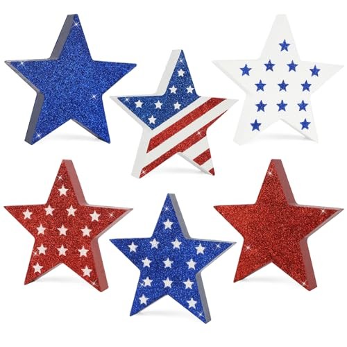 COCHIE 4th of July Decorations Wooden Star Set of 6, Labor Day Decor, Sparkle