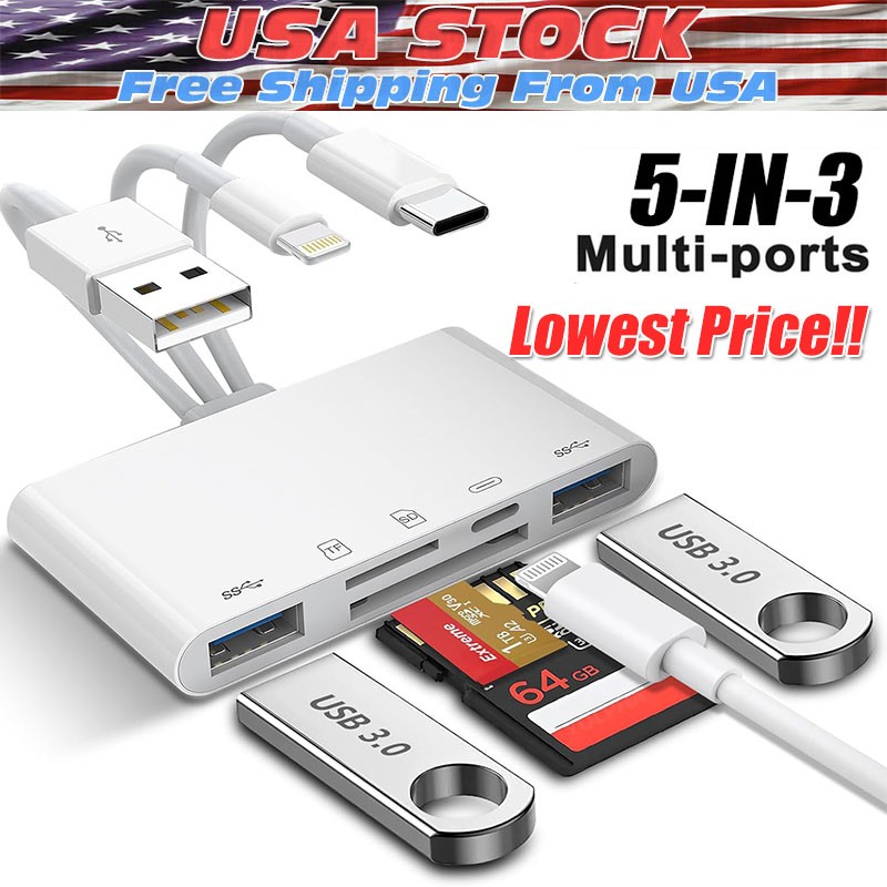 5 in 1 Memory Card Reader USB 3.0 OTG Adapter SD Card Reader For iPhone/iPad LOT