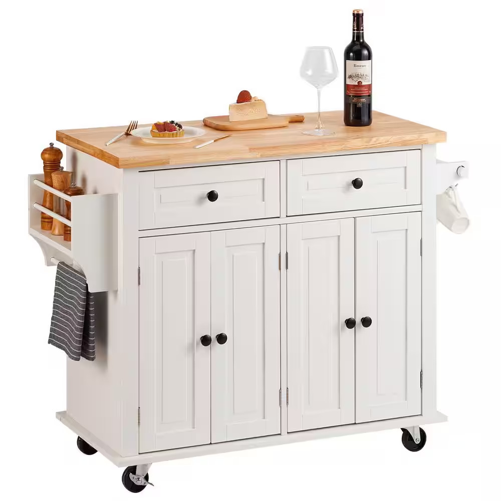 Kitchen Cart 35.4 In. Mobile Storage Cart with Solid Natural Wood Top, Rolling K