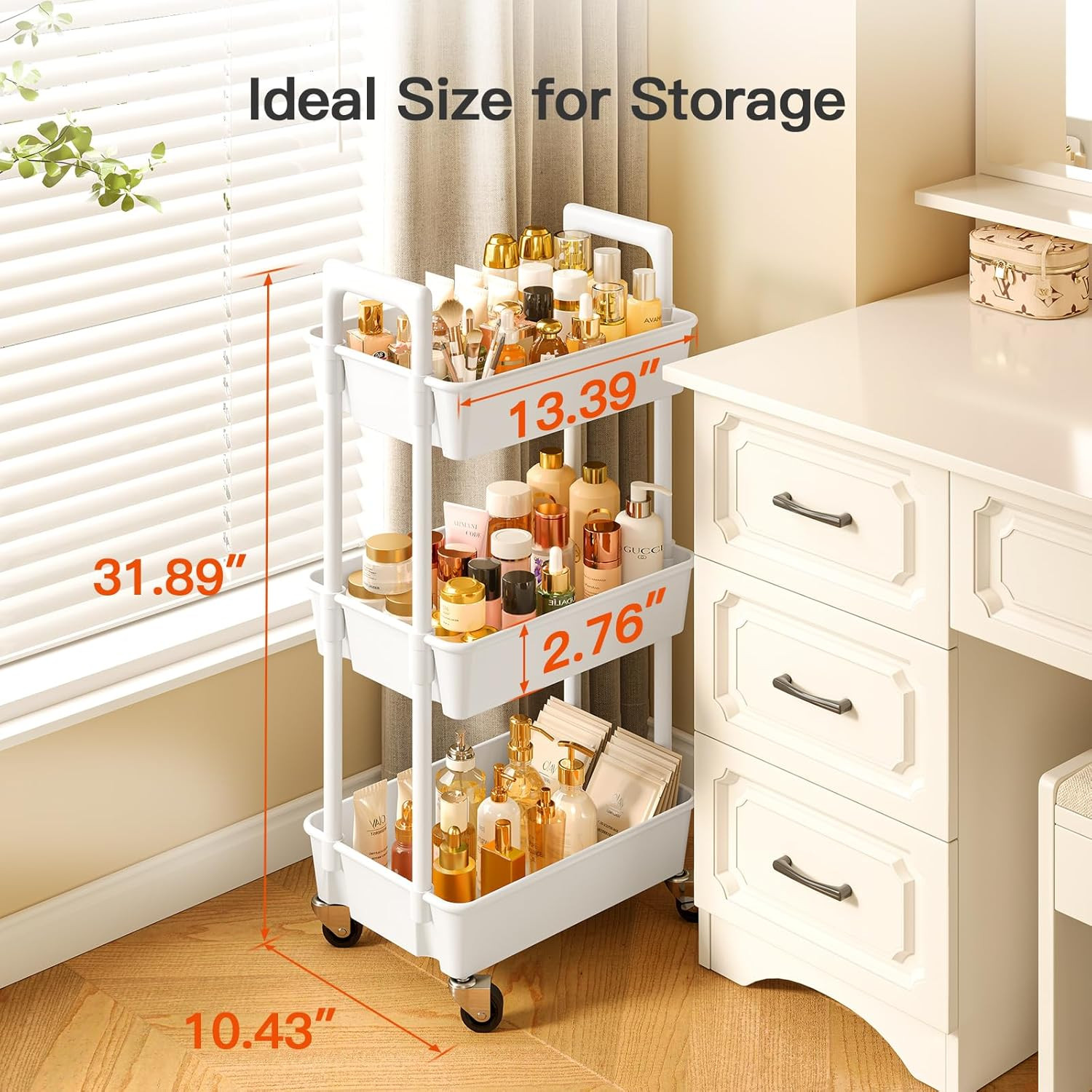 Pipishell 3 Tier Rolling Cart Organizer, Plastic Rolling Cart with Lockable Whee