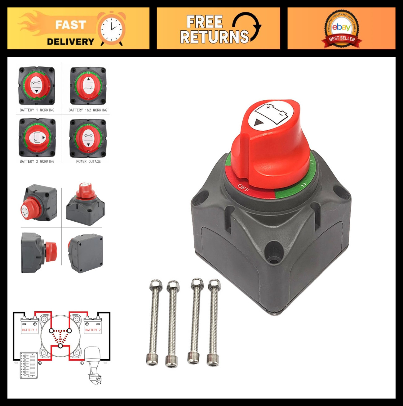 Dual Battery Cut Off Switch | 12V-48V Isolator for Car, RV, Boat | Heavy Duty Wa