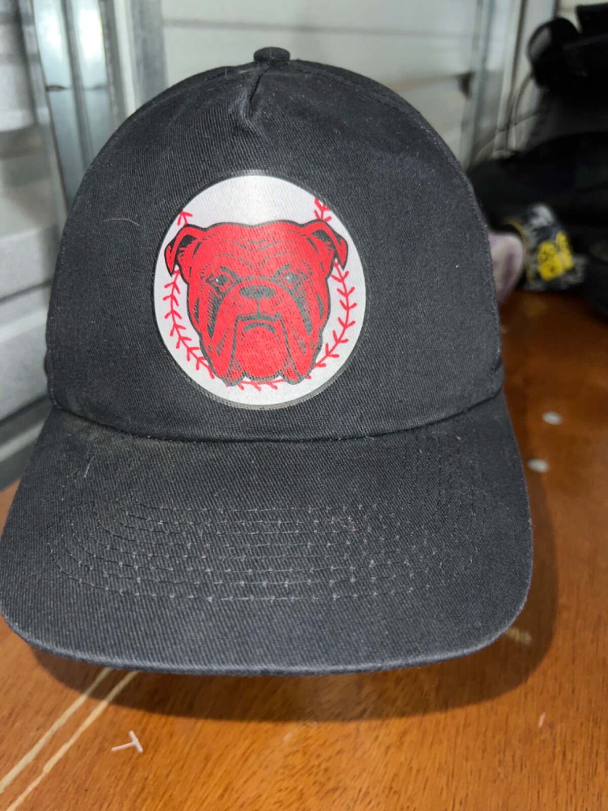 Red Dog Softball Black Hat Cap with Bulldog on front back in Red. EUC Snapback