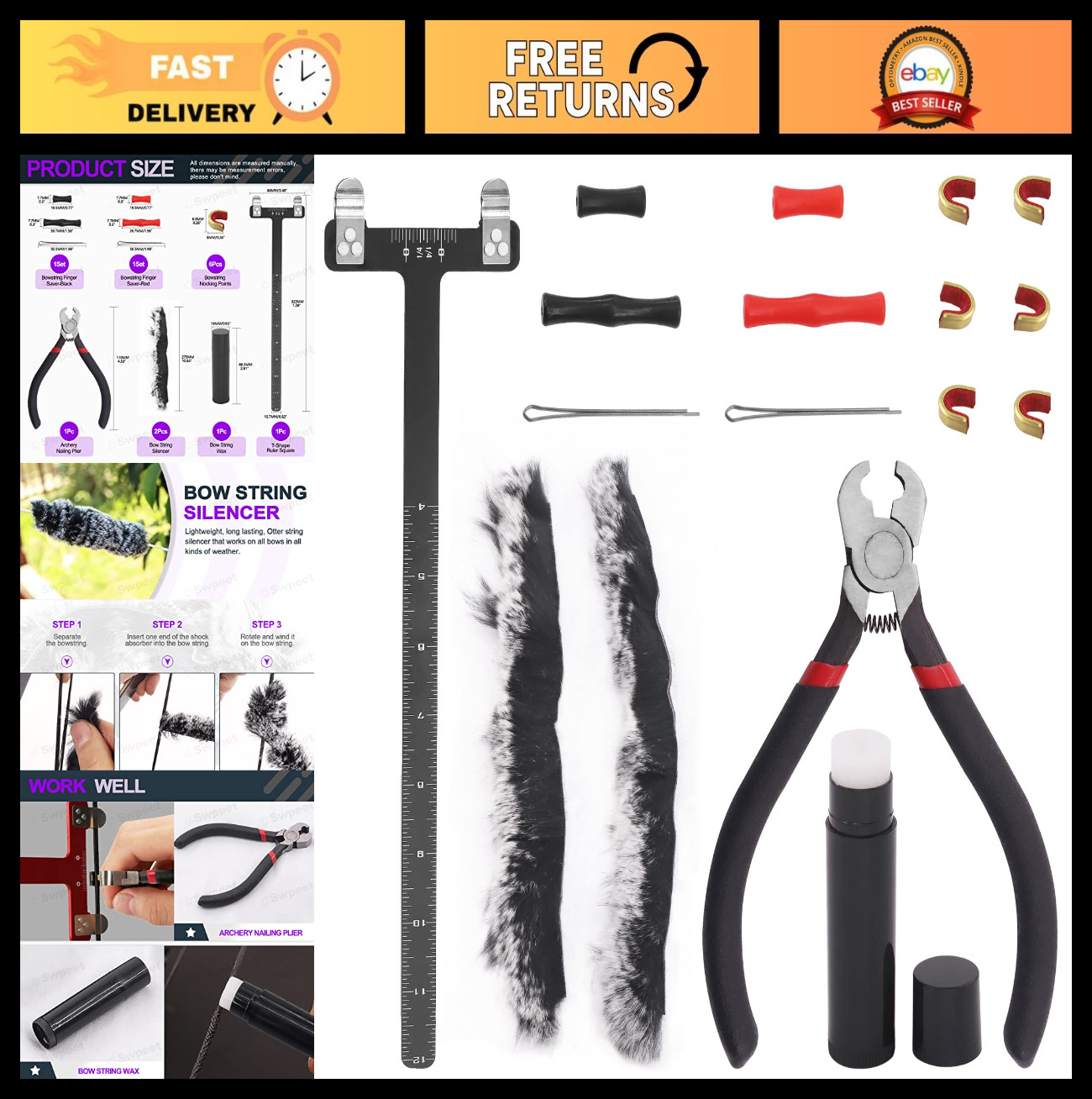 17Pcs Archery Bow String Tool Kit - Nocking Buckle, Ruler, Wax & Silencer