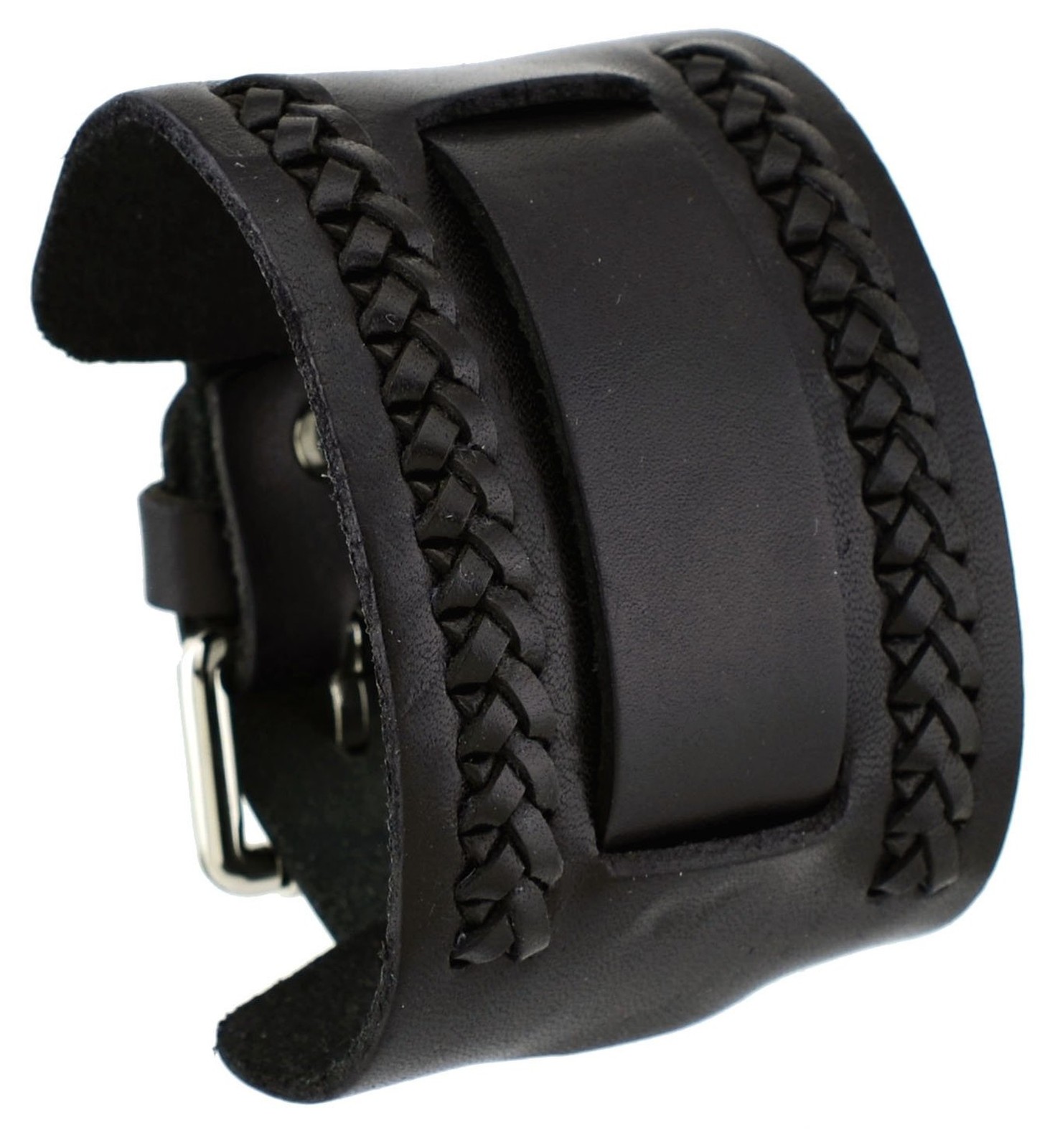 Nemesis NW-K Black Side Braided Wide Leather Cuff Wrist Watch Band