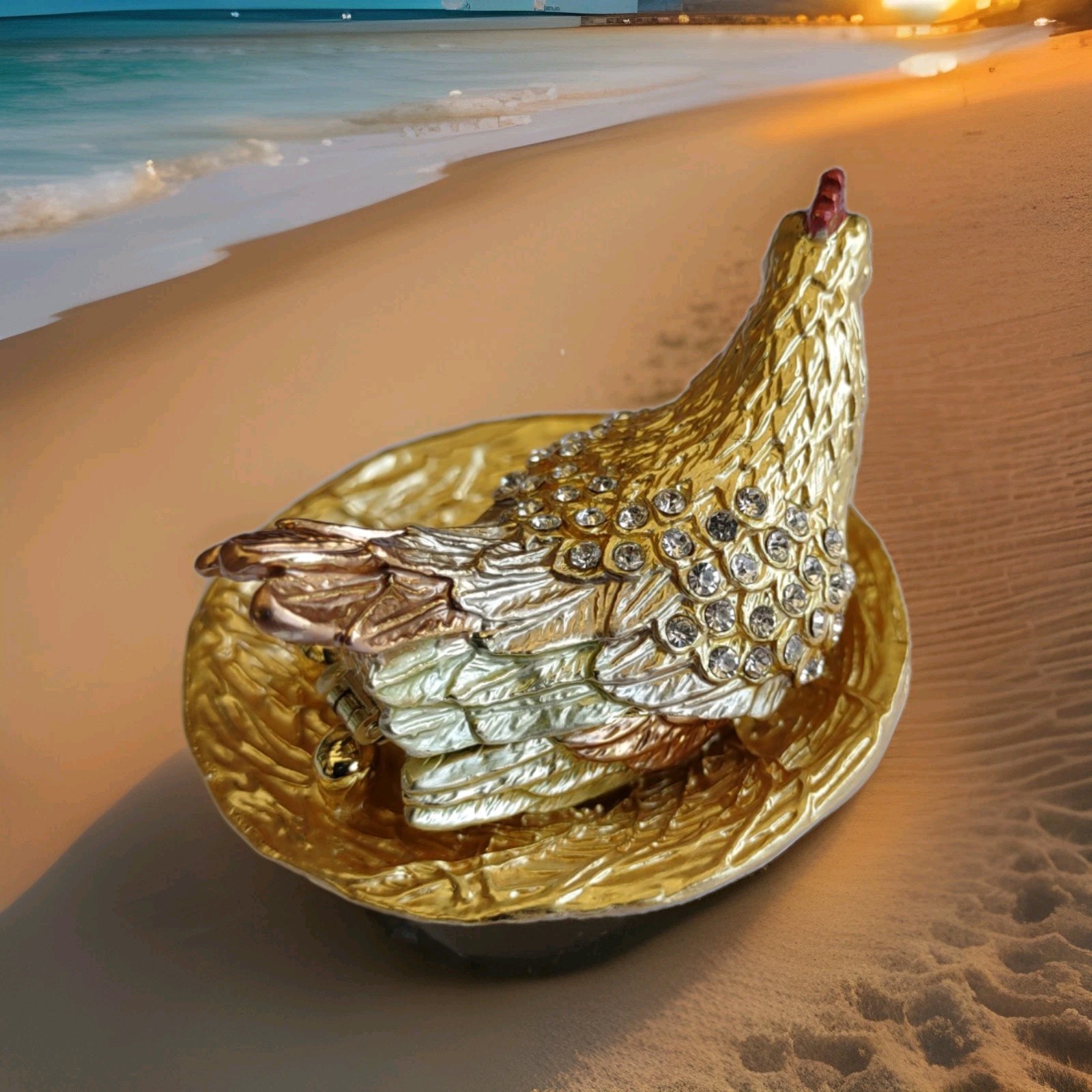 Gold Brown Chicken Hen Trinket Box