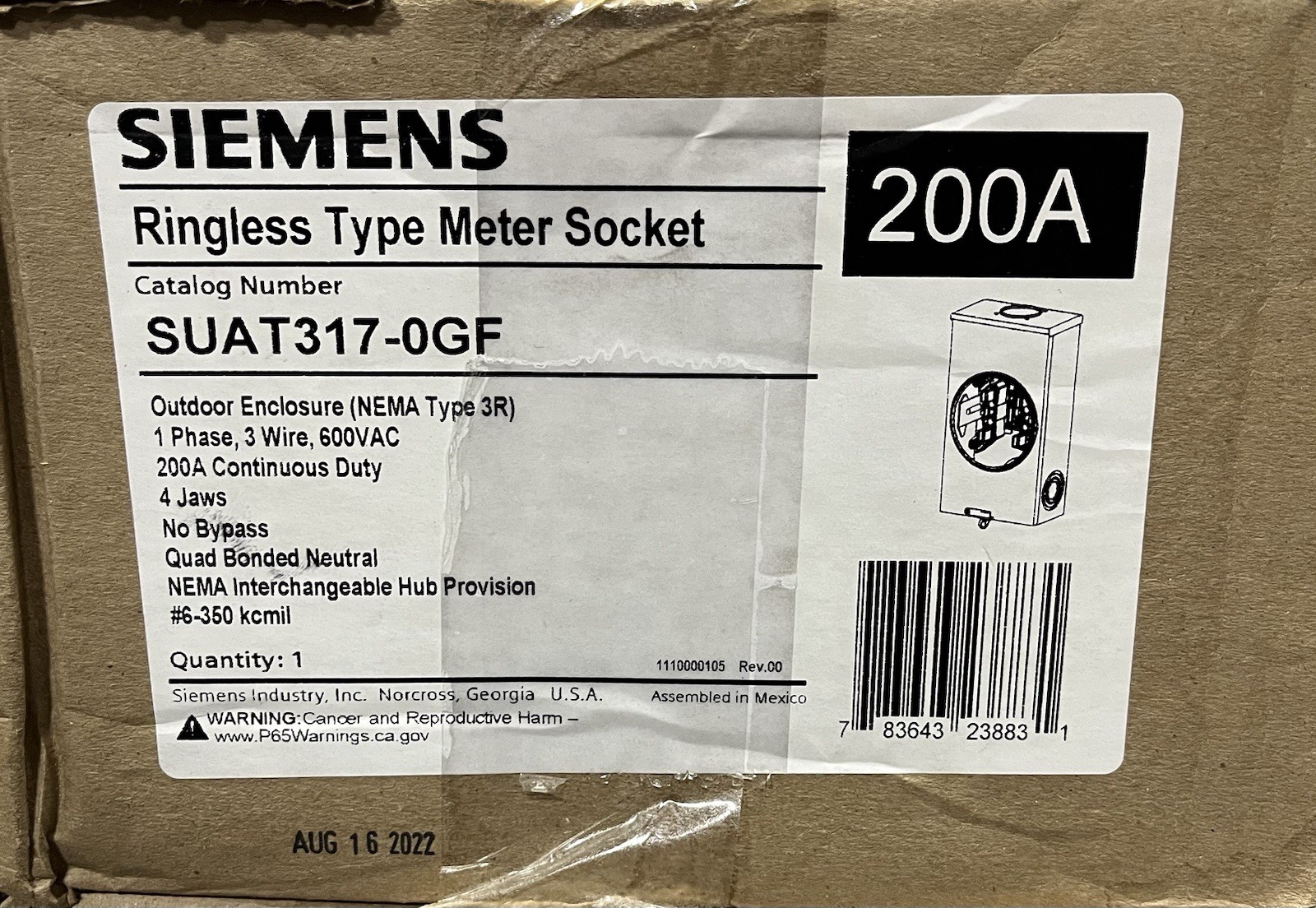 Siemens SUAT317-0GF 200 Amp Ringless Type Meter Socket Outdoor Enclosure