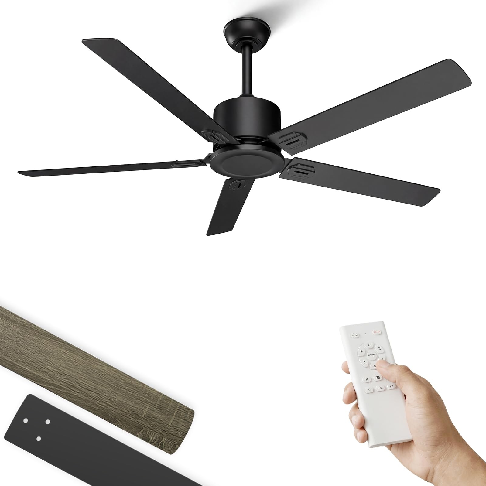 Outdoor Ceiling Fan No Light, 52 Inch Black Modern Ceiling Fan Without Light,...